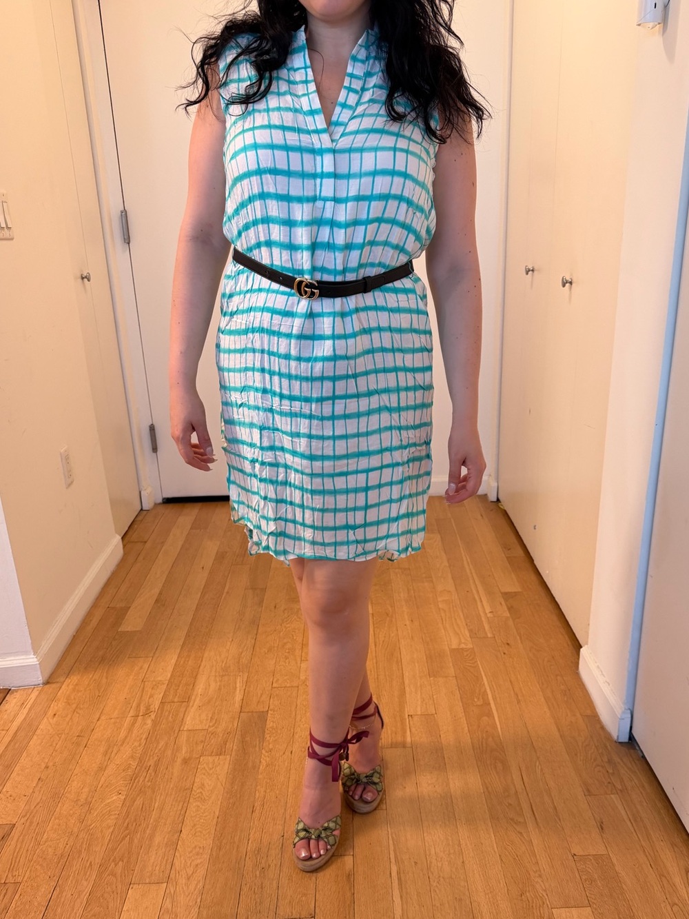 Hutch White Summer Dress with Teal Grid Print S